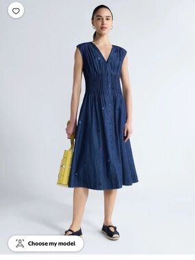 Free People Navy Embroidered Button-Front V-Neck Midi Dress